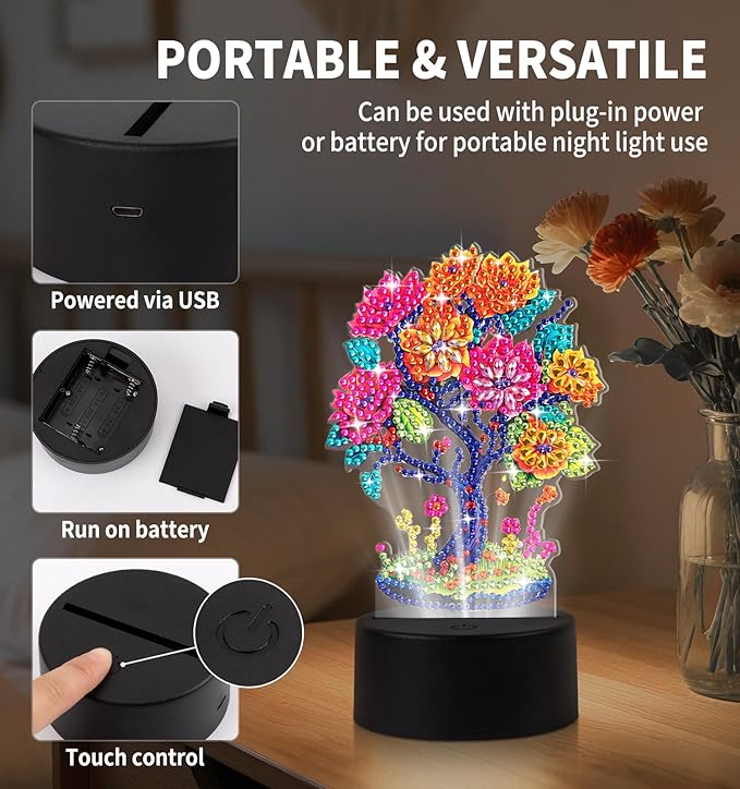 Diamond Painting Night Light, Diamond Painting Kits For Adults Desktop Ornaments For Table Tabletop Decor Diamond Art Accessories For Adult Beginner Touch Lamp for Bedrooms Living Room-Tree of Life