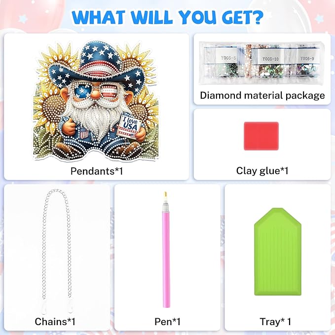 Bowetile Independence Day 5D Diamond Art Hanging Gnome Kits for Adults, 4th of July Diamond Painting Sunflowers Window Pendant Kits, Special Shape Gem Art Suncatcher Ornament for Home Wall Decor