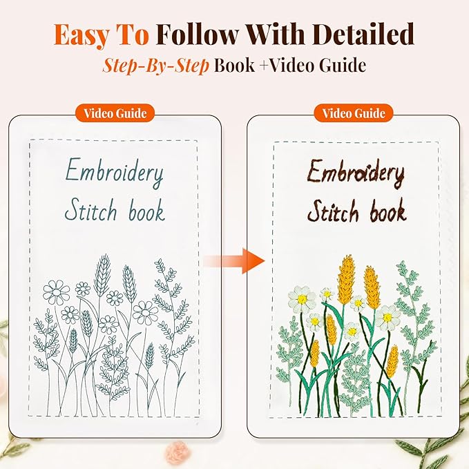 CYANFOUR 2026 New Embroidery Stitch Book Kit for Adults Beginners, Cross Stitch Kit with Step-by-Step Guide and Video, Pre-Printed Patterns, Threads and Needles, Portable Crafts Gift for Adults