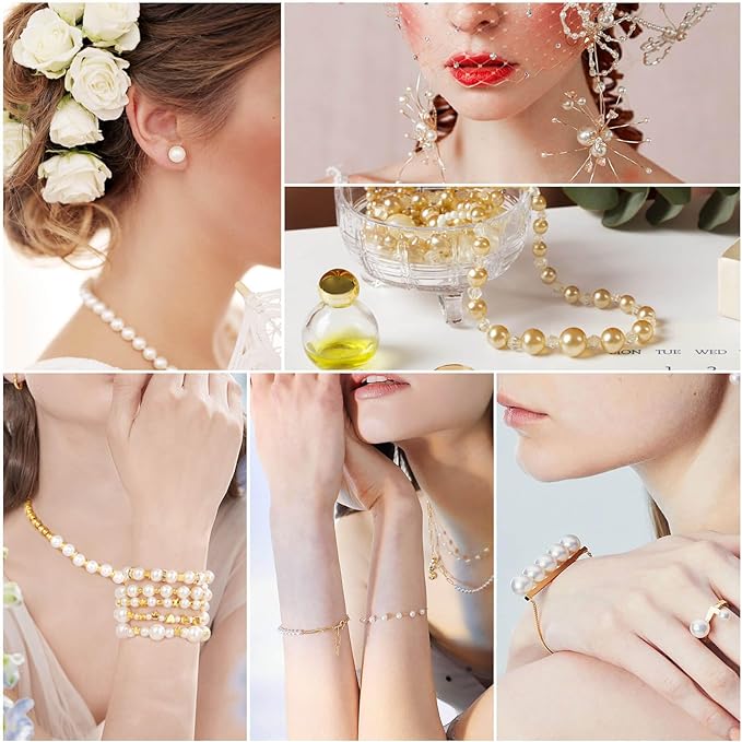 Audab Pearl Beads for Jewelry Making, 1048 Pieces Round and Gold Pearl Beads for Bracelet Making, 5 Sizes