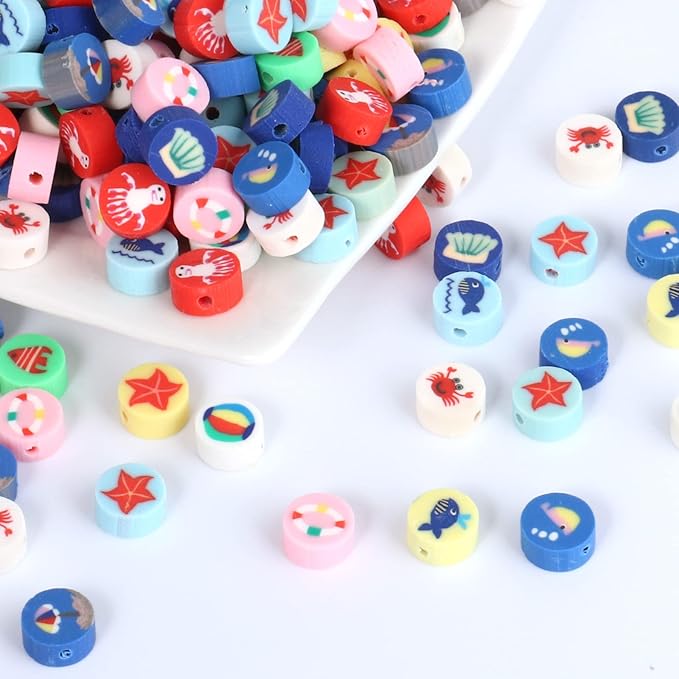 200PCS Polymer Clay Ocean Animal Beads - 10mm Mixed Colorful Flat Round Beads Spacer Kit for Jewelry Making DIY Bracelet Necklace