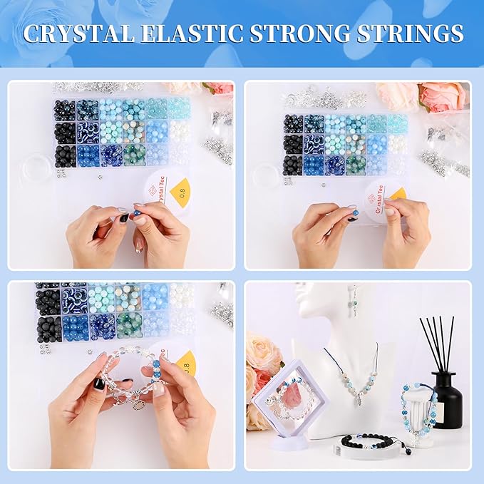 Tunmiok Glass Beads for Jewelry Making Kit with Metal Charms & Crystal String - Includes Spacers, Flower Holders - Bracelet kit, Necklace, Earring Set Supplies for Adults (Blue)