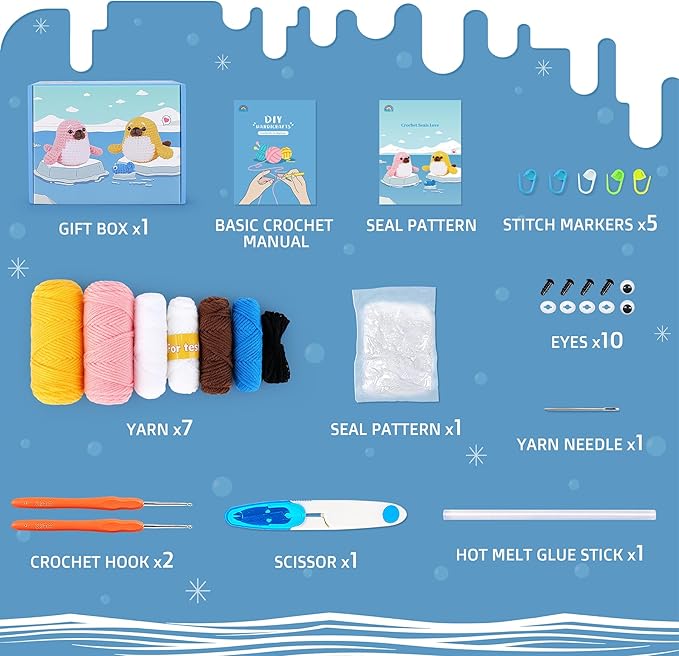 fortuning's jds crochet kit for beginners - seal crochet kits with step-by-step video tutorials, beginner crochet kit for adults, crochet animal kit, 2 pcs seals with a fish crocheting set