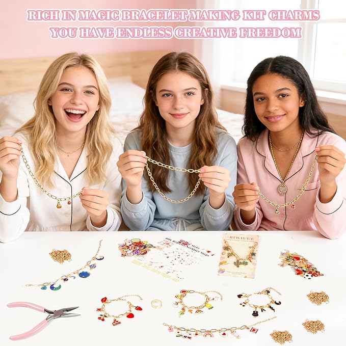 Riwiuue 590 Pieces Charm Bracelet Making Kit - Includes Gold Paperclip Chain Bracelet, Charms, Jump Rings & Tools, Ideal for DIY Jewelry Making, Beginner, Teen and Adult Gifts