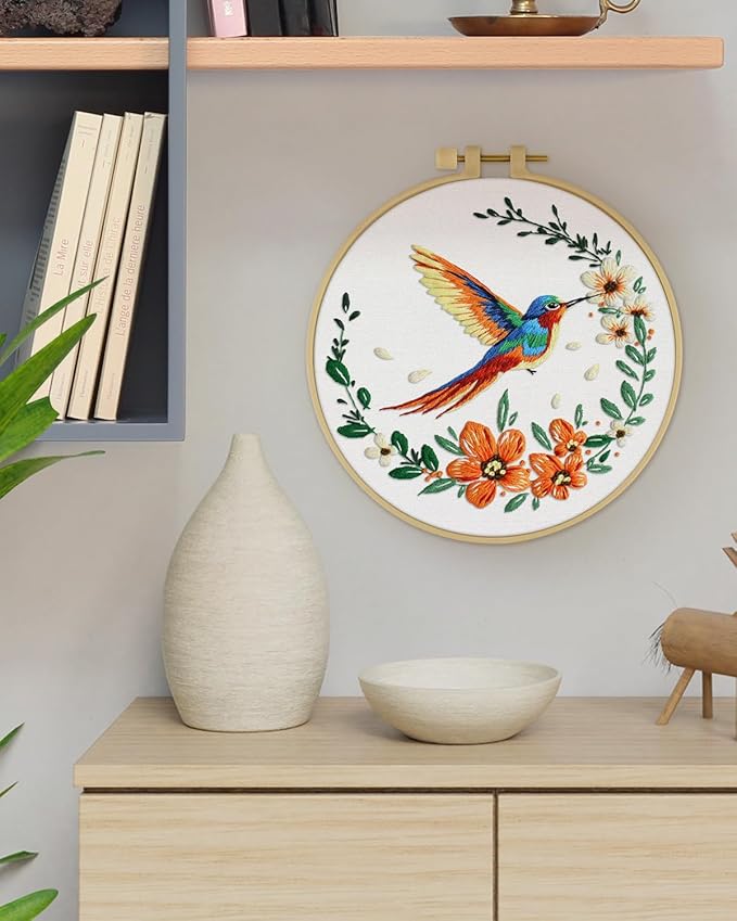 ERKOON Embroidery Kit for Beginners, Hummingbird and Flower Cross Stitch Set for Include Embroidery Cloth Hoops Threads for Craft Lover Hand Stitch (Colorful Hummingbird)