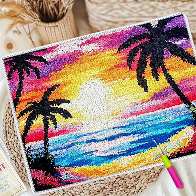 ORIGACH Sunset by The Beach Latch Hook Rug Kit for Adults Printed Rug Making Kit Handmade Carpet Tapestry Cover with Hook Latch and Preprinted Canvas, Home Arts Crafts Sofa Decor, 20.5x15inch