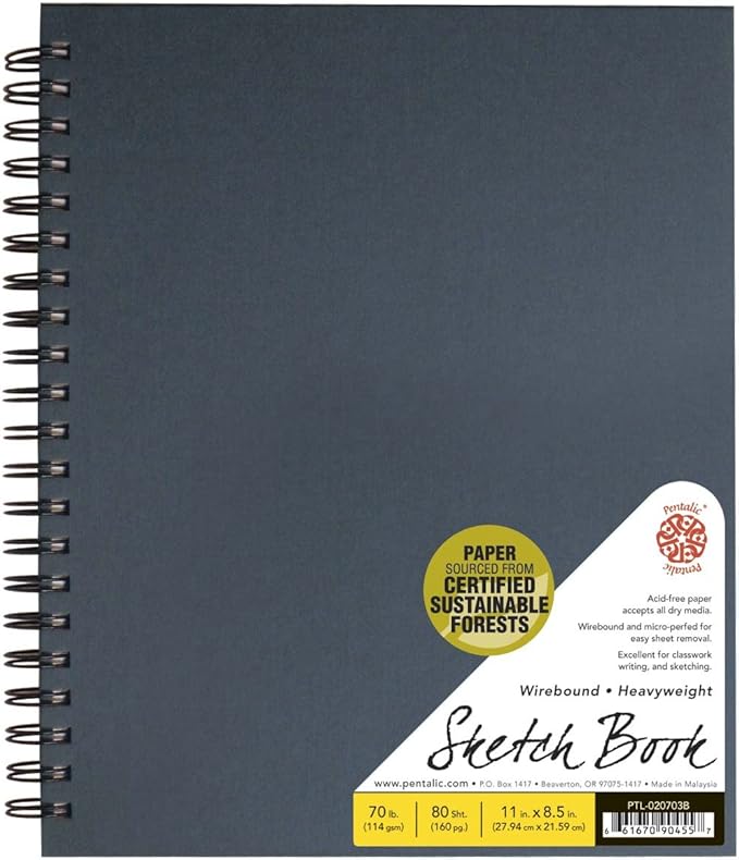 Pentalic - 8.5"x 11" Double Wirebound Hardcover Sketchbook, 80 Sheets, Black