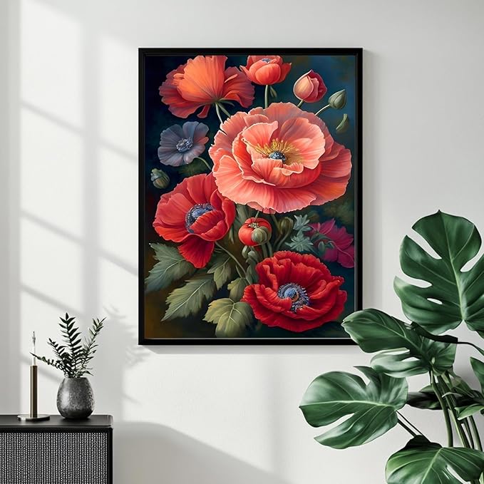 Flowers Paint by Numbers for Adult, Poppy Paint by Numbers Kit for Adults Beginners, DIY Flowers Acrylic Painting on Canvas for Home Wall Art Decor 16x20 Inch