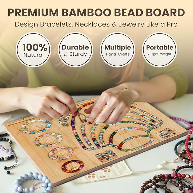 Bamboo Bead Board for Jewelry Making – Large Bead Tray & Wooden Beading Board, Necklace & Bracelet Design Board, DIY Jewelry Making Supplies with Measuring Slots for Beads Craft Projects.