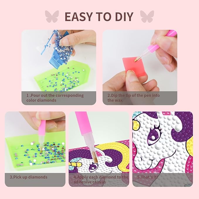 FlyingMage 5D Diamond Art Painting Kits with Wooden Frame, Cute DIY Diamond Art Mosaic Kits for Adults Women Teen, Kawaii Diamond Crafts Arts Full Drill Diamond Dots (Pink Unicorn)