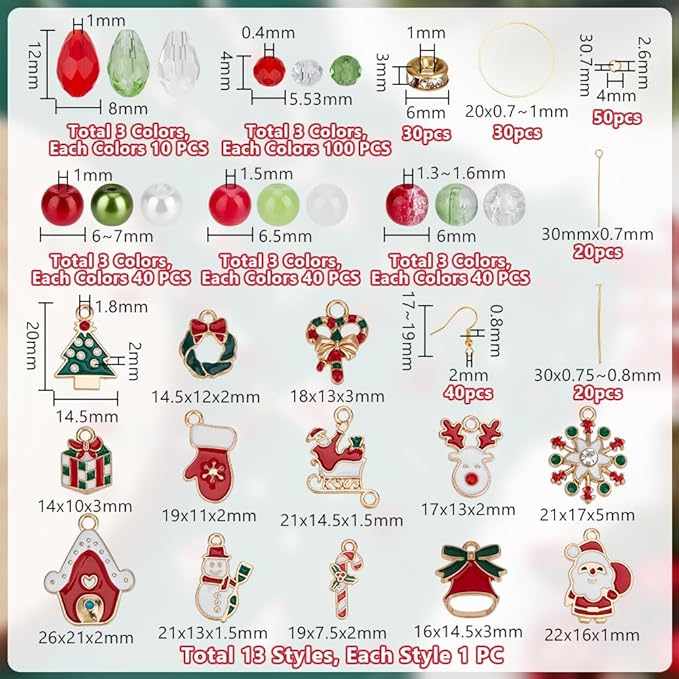 PH PandaHall 873pcs Christmas Earrings Making Kit, 4/6/8mm Red Green Beads Santa Claus Glove Snowflake Wreath Alloy Enamel Charms Earring Hooks Jewelry Findings for DIY Earrings Craft Jewelry Making