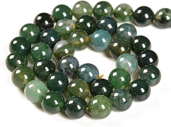 36pcs 10mm Natural Green Moss Agate Gemstone Round Spacer Loose Stone Beads for Jewelry Making 15.5" 1 Strand (Green Moss Agate, 10mm 36Beads)