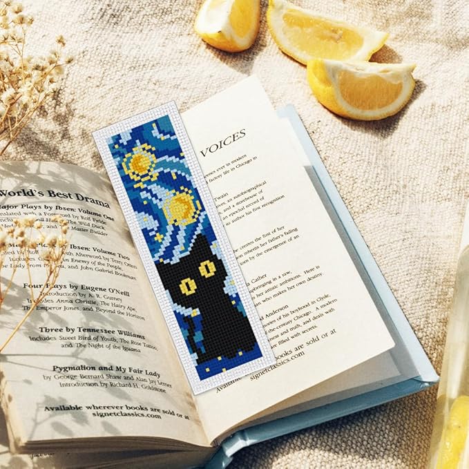 ORIGACH 6 Set Starry Night and Black Cat Cross Stitch Bookmark Kit for Beginner with Backing Felt Floss Instructions DIY Stamped Embroidery Bookmark Kit for Adults, Book Lovers