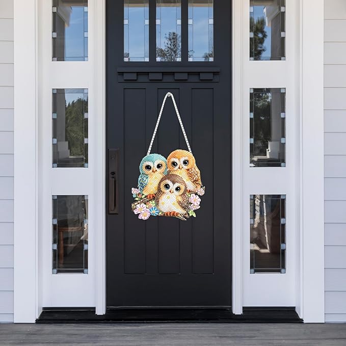 Lxmsja DIY 3 Cute Owls Diamond Painting Hanging Ornament, Double-Sided Acrylic Pink Flowers Diamond Art Kit, Special Shaped Suncatcher Hanging Pendant Window Art Kit 8x8 inch