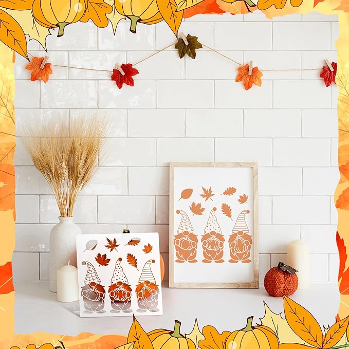 14 Pieces Fall Pumpkin Stencils for Doormat Painting Hello Pumpkin Welcome Maple Leaf Word Stencils Kit for Craft Thanksgiving Reusable Polyester Film Template with Open Ring for DIY Decor