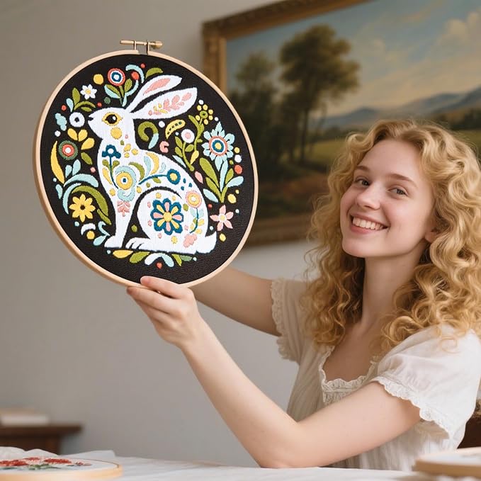Crafmanoe Embroidery Kits for Beginners Adults, Flowers Rabbit Embroidery Starter Kits, Counted Cross Stitch Kits for Beginners Adults Hobbies Set for Women, Embroidery Hoops, Thread & Video Tutorial