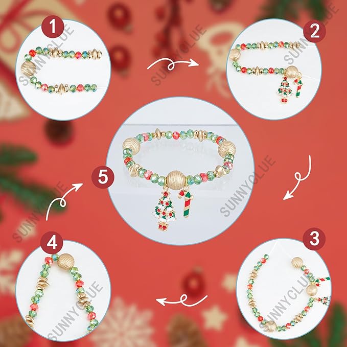 SUNNYCLUE 1 Box 275Pcs DIY 6 Set Christmas Bracelet Making Kit Christmas Bracelets Bulk Winter Snow Christmas Tree Charms Glass Beads for Jewelry Making Kits Beginners Adults Women DIY Gift Craft