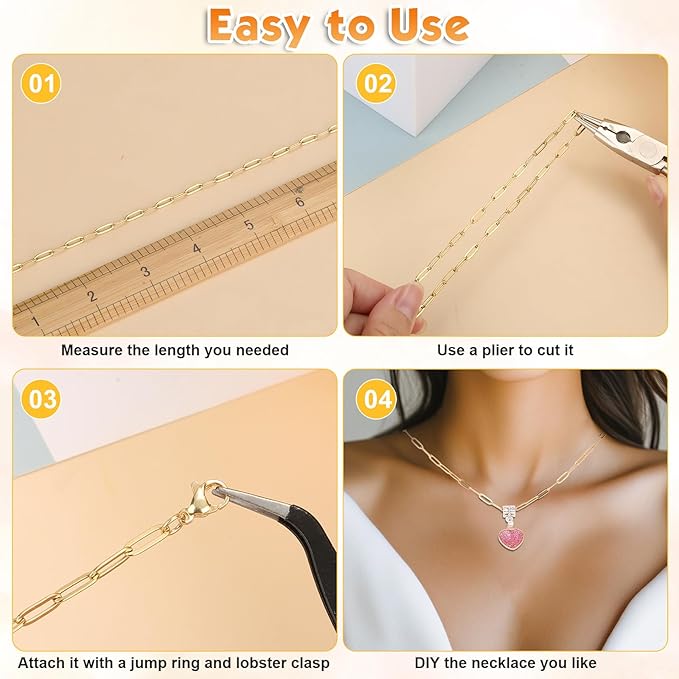 43ft Gold Chain for Jewelry Making 18k Gold Plated Stainless Steel Paperclip Chain Roll for Charm Bracelet Necklace Jewelry DIY Craft Accessories with 10 Pcs Lobster Clasps and 30 Pcs Jump Rings