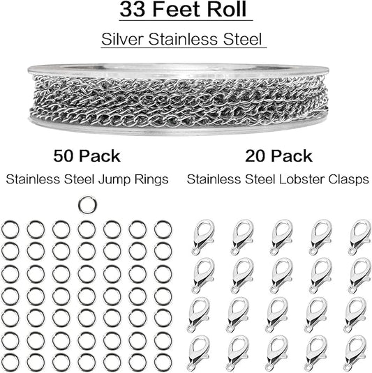 jishi 33ft necklace extender chain 3mm silver stainless steel curb link chain for jewelry making, bracelet necklace extender diy, keychain craft supplies, metal chain roll w/lobster clasps, jump rings