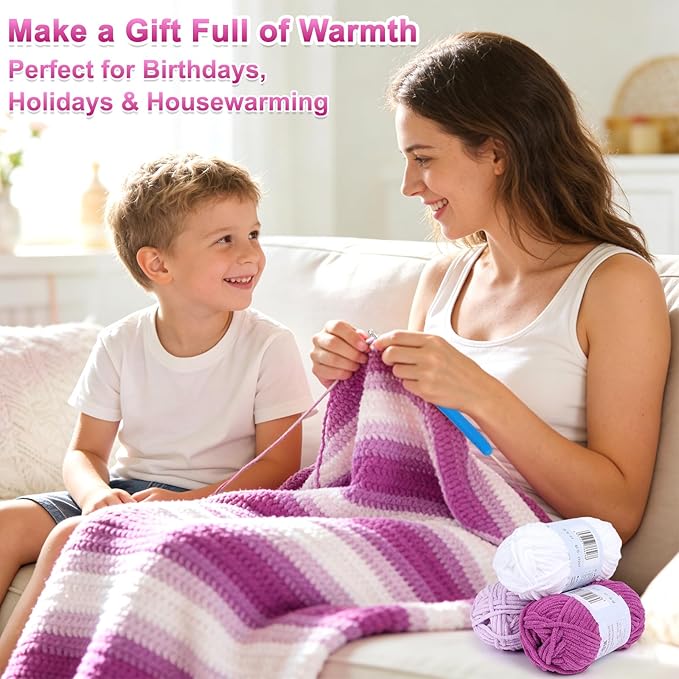 Reessy Crochet Blanket Kit for Beginners Adults – Gradient Purple Ombre Throw Blanket Kit with Soft Chenille Yarn, Hooks & Instructions – Handmade Crochet Starter Set for Adults