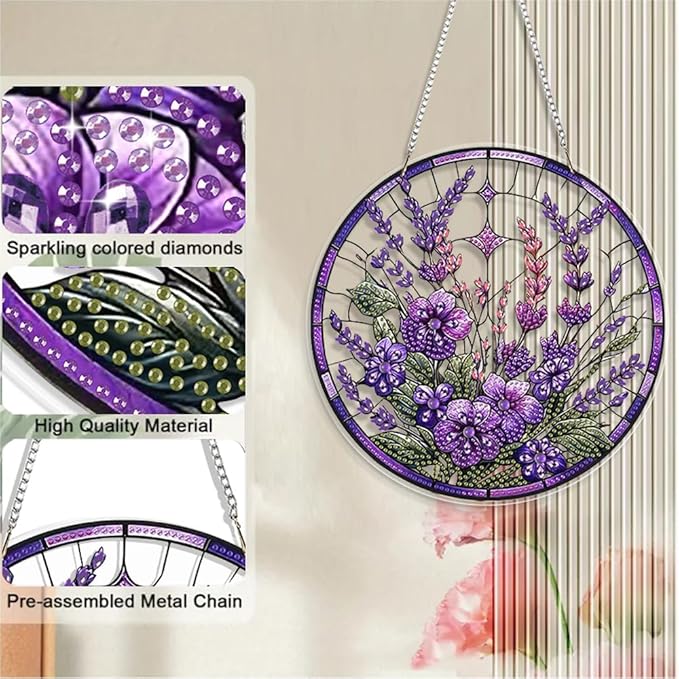 JBTM24 9.8x9.8 inch Hanging Diamond Art Pendant Kits, Double Sided Diamond Painting Hanging Sign with Chain, Special Shaped Crystal Art Ornament (Lavender)