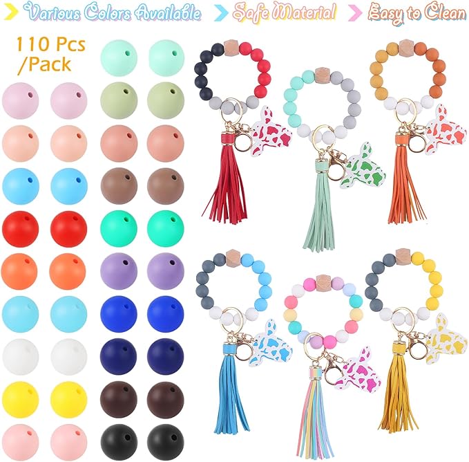 110 Pcs Silicone Focal Beads, EVERMARKET 15mm Silicone Beads for Keychain Making, Round Silicone Beads Bulk with Bottle, Rubber Loose Beads for Pens Crafts Necklace Bracelet Lanyard (Light Blue)