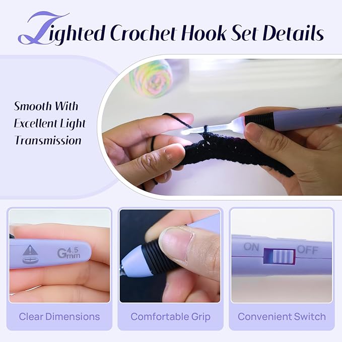 lewhoo 3 size lighted crochet hook set, illuminated crochet hooks with replacement battery, led set with case for crocheters 4.0mm, 5.0mm, 6.0mm