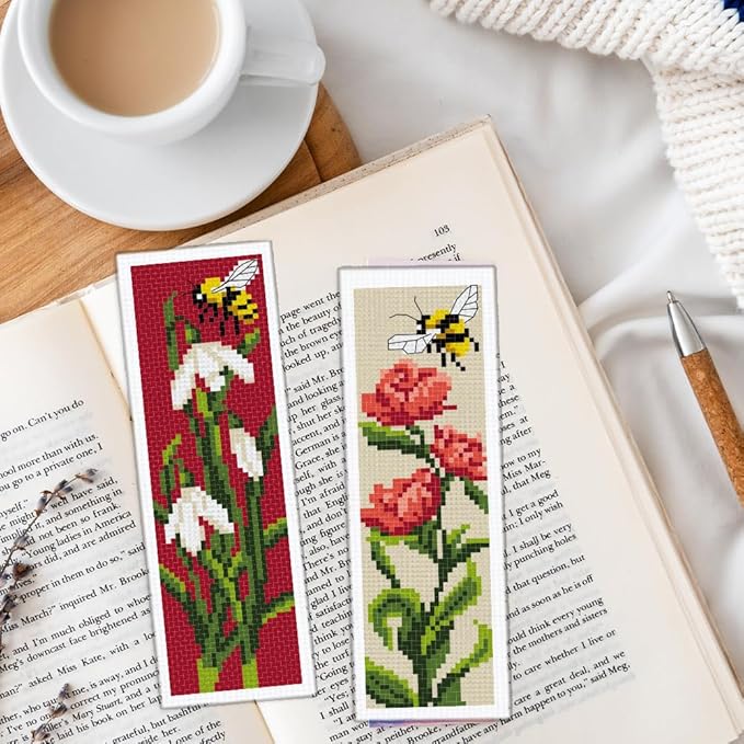 INFUNLY 6pcs DIY Tulips Cross Stitch Bookmark Kits for Adults Beginner 2.99''×8.54'' Calla Stamped Embroidery Bookmark Kit with Instruction Daisy Freesia Embroidery Bookmark Set for Book Lovers