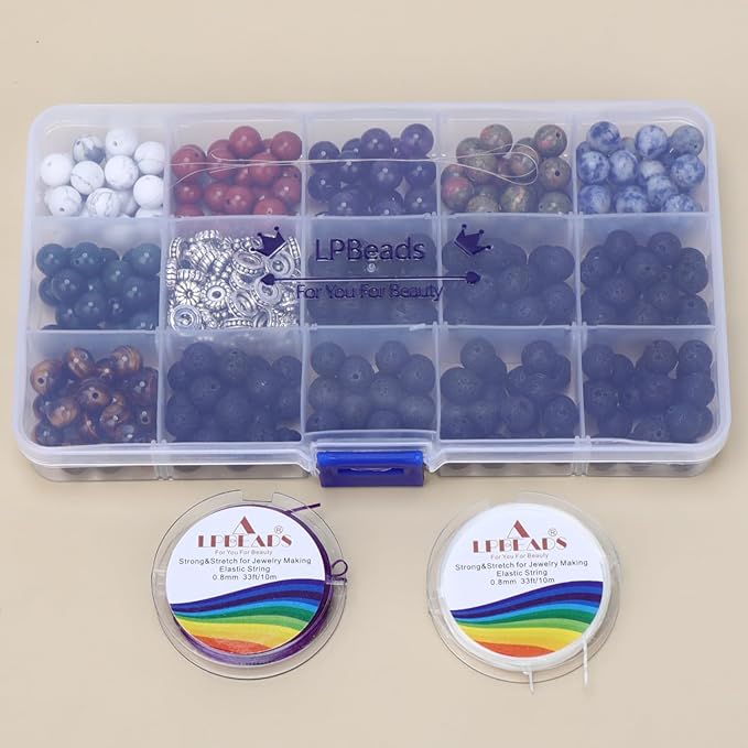 LPBeads Natural Stone Beads Box Set Kits 8mm Round Loose Gemstone Natural Amethyst Lave Stone Assorted Color with Accessories Tools for Bracelet Jewelry Making