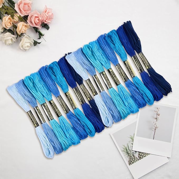 16 Skeins 131 Yards Embroidery Thread Friendship Bracelets String Cross Stitch Threads Cotton Floss Yarn 6 Ply 1.2mm for DIY Making Sewing Needlework Knitting Stitching Craft Supply Blue