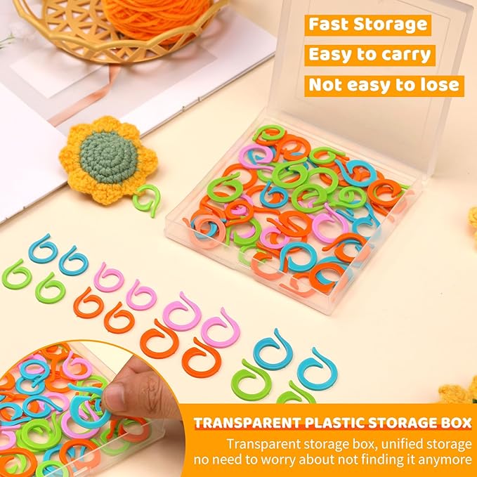Yizzvb 50 Pcs Stitch Markers, Colorful Crochet Stitch Markers with Large-Eye Blunt Needles, Crochet Marker Ring for Knitting Crocheting DIY Craft Project with Storage Box