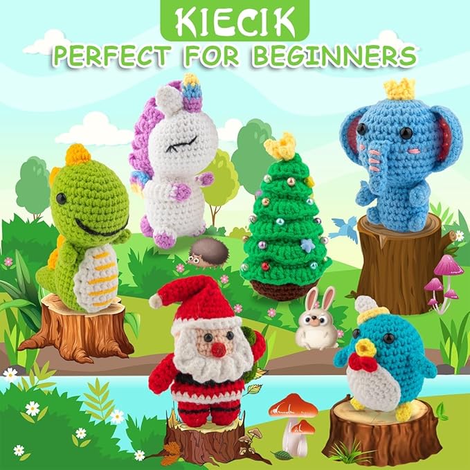 KIECIK 6Pcs Crochet Kit for Beginners, Knitting Kit for Adults, Crochet Animal Kits with Step by Step Videos Tutorials, Knitting Kit Great Birthday Holiday Gift, DIY Keychain Pendants (Set-01)