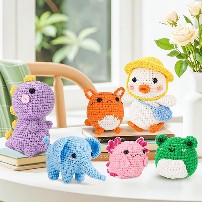 Gerute 6Pcs Crochet Kit for Beginners,Crochet Animal Kit with Step-by-Step Video Tutorial, Crocheting Kit for Starters, Beginner Crochet Kits for Adult Kid Women Men Complete Kit Included (40%+ Yarn