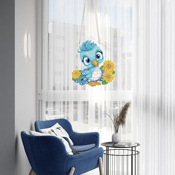 AiYuanzsh DIY Blue Bird Diamond Art Hanging Kit, Flower 5D Acrylic Diamond Painting Pendant Ornament, Crystal Art Suncatcher for Home Wall Decor Gift