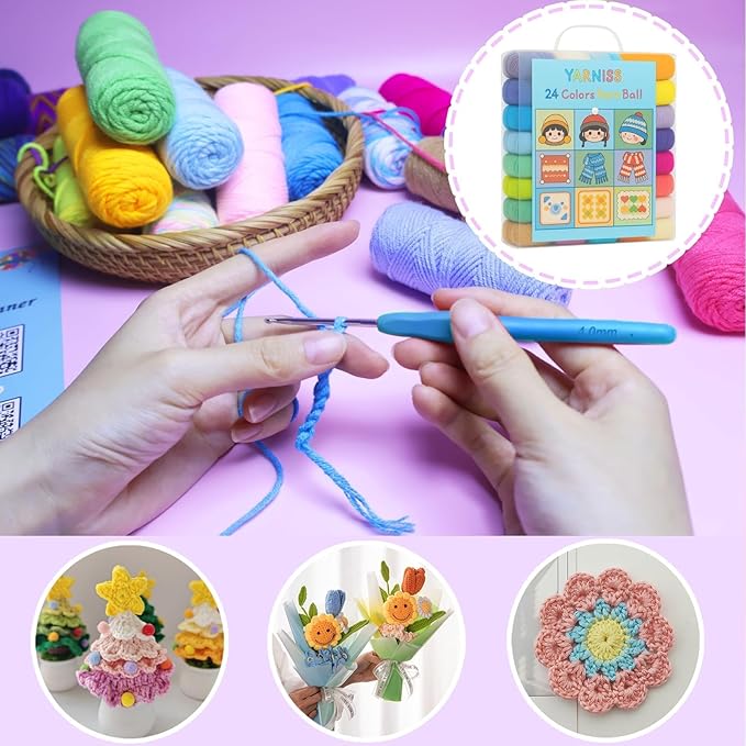 Yarniss Crochet Yarn Kits for Starter, 1312 Yards Acrylic Crochet Yarn for Crafts,24 Colors Knitting Yarn Skeins with 4.0mm Crochet Hook