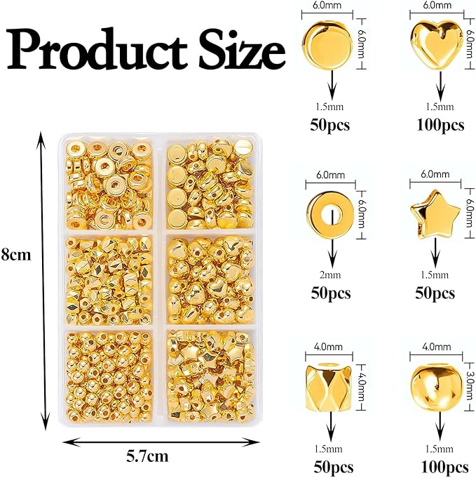 350 Pcs Gold Spacer Beads for Jewelry Making, Sparkly CCB Friendship Bracelet Bead Kits, Assorted Round Heart Star Flat Ring Seed Beads Set for DIY Earring Necklace Crafts Keychain (6 Styles)