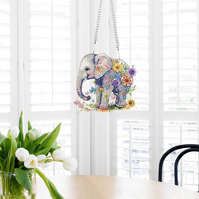 Elephant and Flowers Diamond Painting Hanging Kit – DIY Acrylic Pendant with 5D Special Shaped Rhinestones, Decorative Art Board for Wall, Door or Garden, Handmade Gift for Creative Decor Lovers