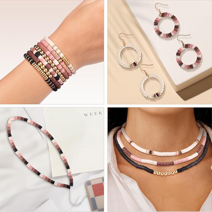 Funtopia 5200+ Pcs Brown Clay Beads Bracelet Making kit, Heishi Beads Polymer Clay Beads for Jewelry Making, Friendship Bracelet Kit with Gold Beads Charms for Girls Adults (6mm)
