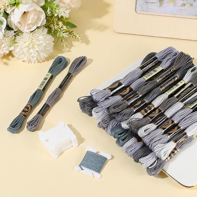 24 Skeins 6 Strands Grey Embroidery Thread Floss Variegated Gradient Friendship Bracelets String Cross Stitch Threads Bulk with 12 Floss Bobbins for Bracelet Making Sewing Knitting Craft Diy