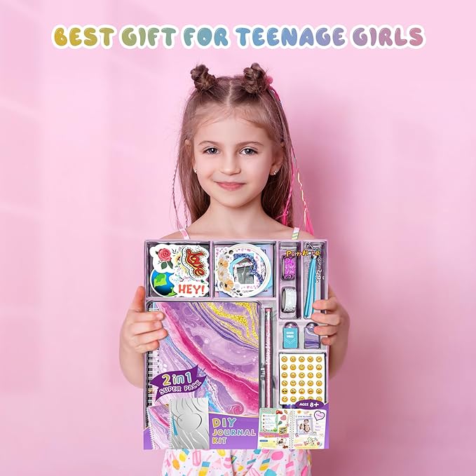 perryhome 2-pack diy journal kit for girls - 200+pcs journal set for tween & teen girls, journaling art & crafts kits, christmas gifts for 8 9 10 11 12 13 14 year old girl,scrapbook&diary supplies set
