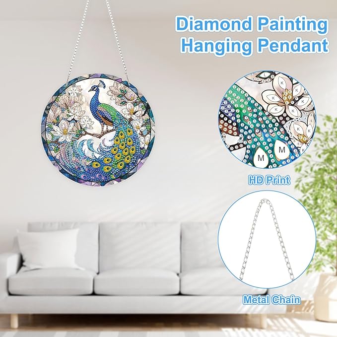 TOSTOG Peacock Diamond Art Hanging Kits for Adults, Peacock Diamond Painting for Adults Window Pendant,Special Shape Diamonds Diamond Painting Hanging Pendant Kit for Wall Home Decor Gift