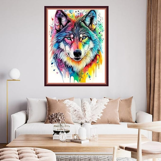 fanxvivy stamped cross stitch kits for beginners full range of cross stitching preprinted embroidery kits for adults, 11ct embroidery pattern needlepoint kits-colorful wolf 16x20 inch