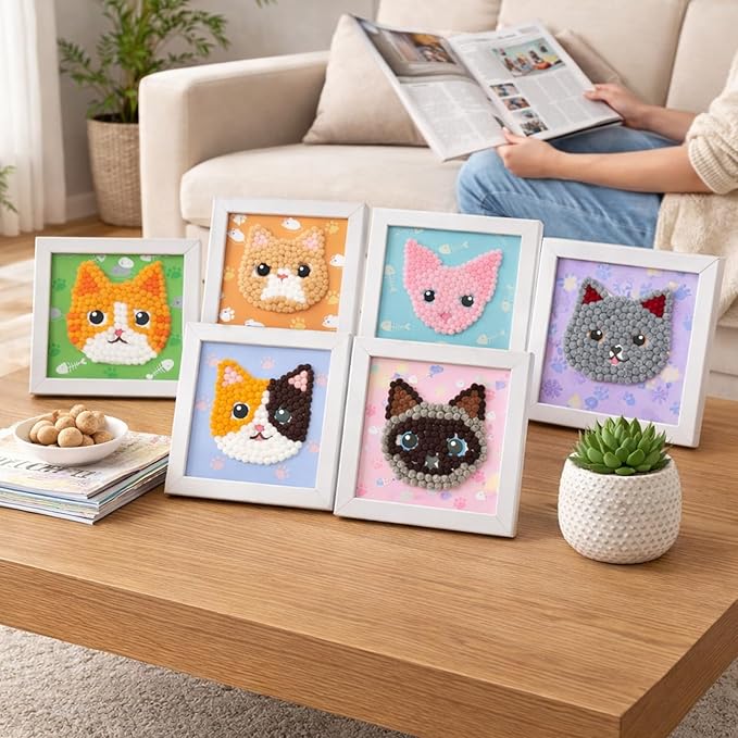 Upltowtme DIY Pom-Poms Art Kit, Cat-Themed Crafts with 6 Patterns, Stick Fuzzy Ball Art, Creative DIY Home Decor & Gift for Cat Lovers