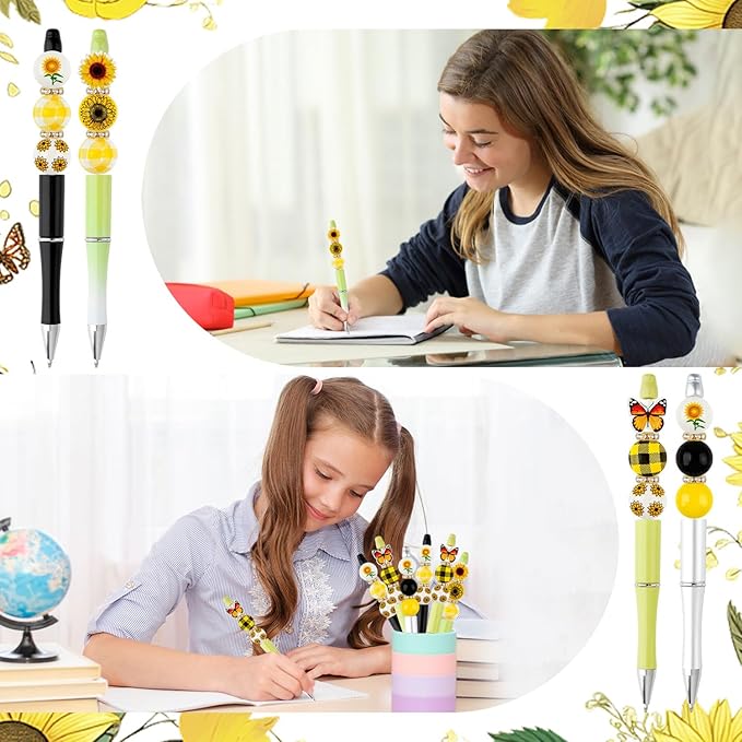 12 Set Sunflower Theme Plastic Beadable Pens DIY Set, Assorted Bead Pens Crystal Round Spacer Set Black Ink DIY Ballpoint for Teachers, Women Men Gift Office Supplies