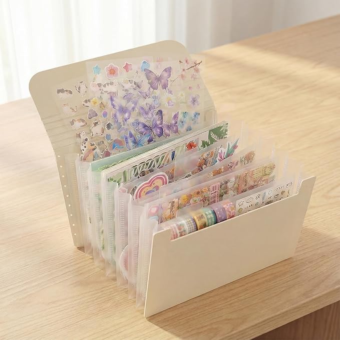 Sticker Storage Organizer with 7 Expandable Pockets, Multi-Layer Desktop Sticker Binder for Scrapbook Essentials and Journal Organizer, Large Capacity for Thick Sticker Album, Washi Tape(3 Color)
