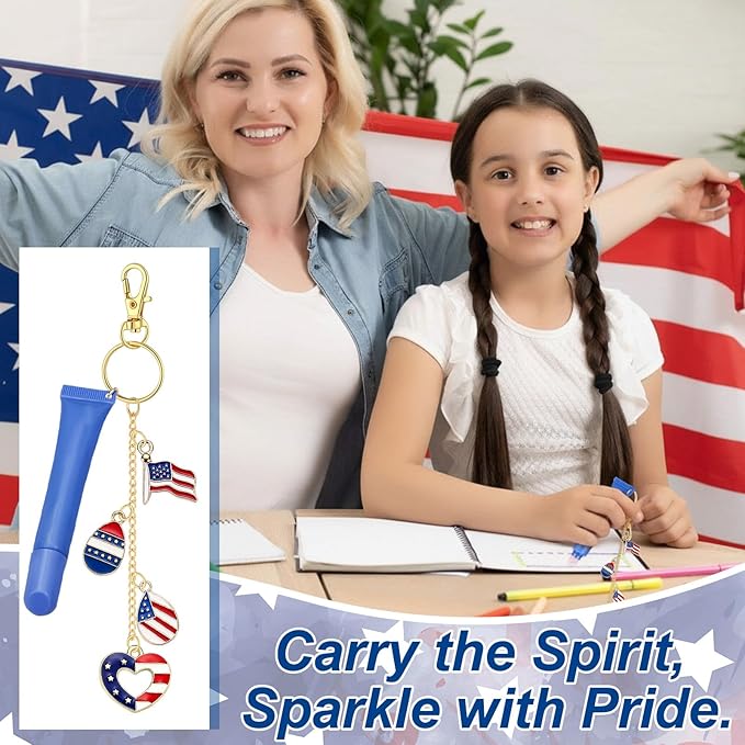 VioraWhite 213 Pcs 4th of July Lip Gloss Keychain Making Kit 250th Anniversary 100 Red White Blue Enamel Charms 32.81 ft Chains for Independence Day Patriotic Decorations DIY Crafts Women