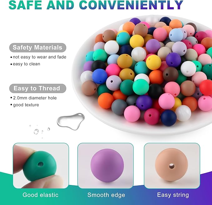 150Pcs 15mm Silicone Beads for Keychain Making and Bracelet Making,30 Colors Round Silicone Beads for Pens(Multicolor)