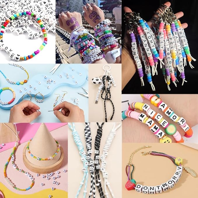 MIIIM 100pcs Pony Beads Letter D for Keychains Making, 6x6mm Large Hole Square Letter Beads for Bracelets Making, Alphabets, Numbers (White and Black)