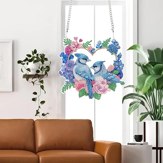 AiYuanzsh Diamond Art Painting Ornament Flowers and Birds Blue Hanging Sign Set Diamond Art Hanging Wall Art DIY 5D Crystal Rhinestone Pendant Kits for Wall Door Window Decorations