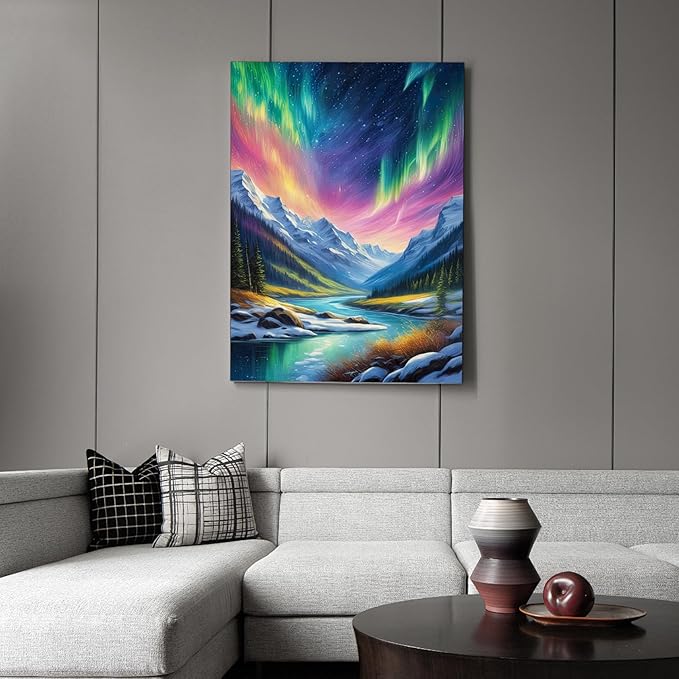 Aurora Diamond Art Kits for Adults, Snowy Mountains Lake Scenery Diamond Painting Kit for Adults Beginners, 5D DIY Diamond Painting with Round Gem Art Kits for Home Wall Decor 12x16 Inch